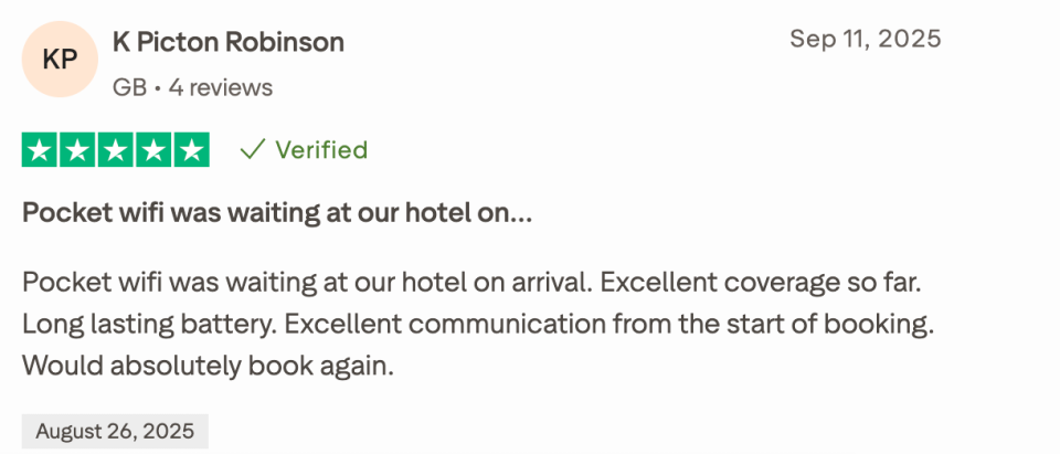 K Picton Robinson · GB · 2025-09-11 · 5/5 · Pocket wifi was waiting at our hotel on...