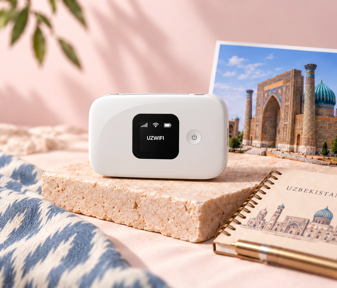 画面にUZWIFIと表示された白いポケットWiFi。旅のノートとサマルカンドのポストカード。